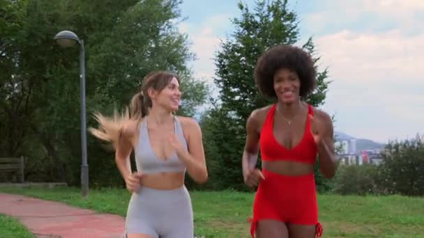 Correr Juntos Hacer Ejercicio Muy Felizmente Parque Dos Chicas Fitness — Vídeos de Stock