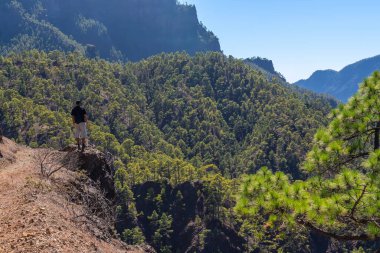 La Cumbrecita 'nın tepesinden manzaraya bakan genç bir adam Caldera de Taburiente' nin yanında, La Palma adası, Kanarya Adaları, İspanya