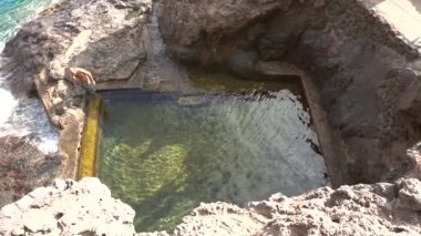 Kanarya Adaları 'ndaki La Palma adasındaki Puerto de Puntagorda körfezinin doğal havuzunda yıkanan genç bir adam. İspanya