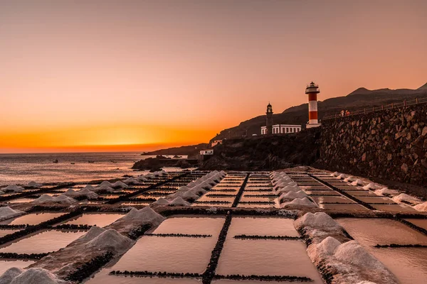 Puesta Sol Naranja Los Salares Fondo Faro Fuencaliente Ruta Los — Foto de Stock