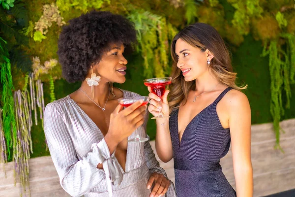 Gala elbiseli iki arkadaş otelde bir partide kokteyl içiyorlar, yaşam tarzında. Cazibeli yaşam tarzı, özel parti