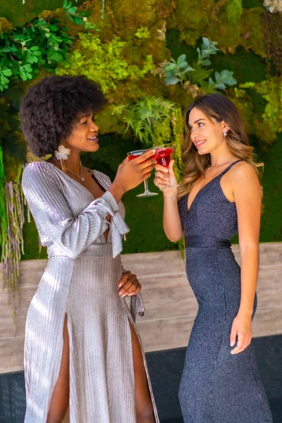 Gala elbiseli iki arkadaş otelde bir partide kokteyl içiyorlar, yaşam tarzında. Cazibeli yaşam tarzı, özel parti