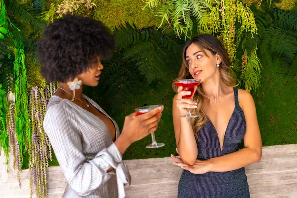 Two Friends Gala Dresses Having Cocktail Party Hotel Lifestyle Glamor — Stock Photo, Image