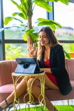 Sarışın, beyaz bir girişimci, iş görüşmesinin videosunu çekiyor, siyah ceket ve kırmızı elbise, evden işe giderken, yeni normal, pembe bir kanepede oturuyor ve oteldeki bazı yeşil bitkiler...