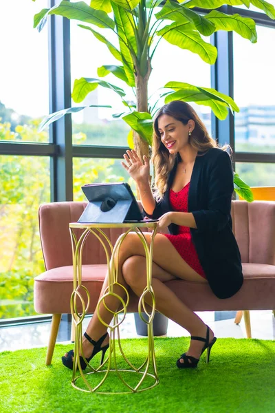 Sarışın, beyaz bir girişimci, iş görüşmesinin videosunu çekiyor, siyah ceket ve kırmızı elbise, evden işe giderken, yeni normal, pembe bir kanepede oturuyor ve oteldeki bazı yeşil bitkiler...