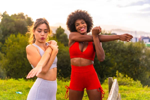 Chica Rubia Caucásica Chica Piel Oscura Con Pelo Afro Haciendo —  Fotos de Stock