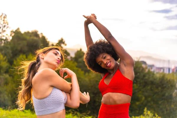 Chica Rubia Caucásica Chica Piel Oscura Con Pelo Afro Haciendo —  Fotos de Stock