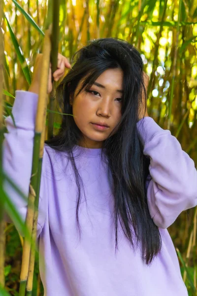 Retrato Uma Jovem Morena Asiática Parque Belo Bambu Com Uma — Fotografia de Stock