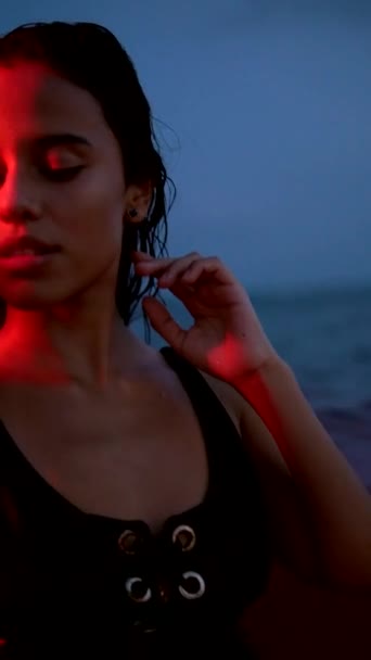Young Caucasian Brunette Blue Hour Sea Wearing Red Lud Evening Stock Footage