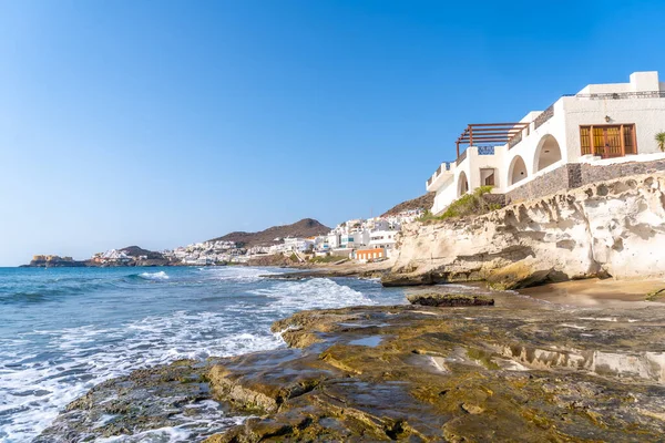 Beautiful white houses on the beach of the town of San Jose in the natural park of Cabo de Gata, Nijar, Andalucia. Spain, Mediterranean Sea