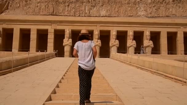 Een Jong Meisje Klimt Trap Naar Hatshepsut Funerary Temple Luxor — Stockvideo