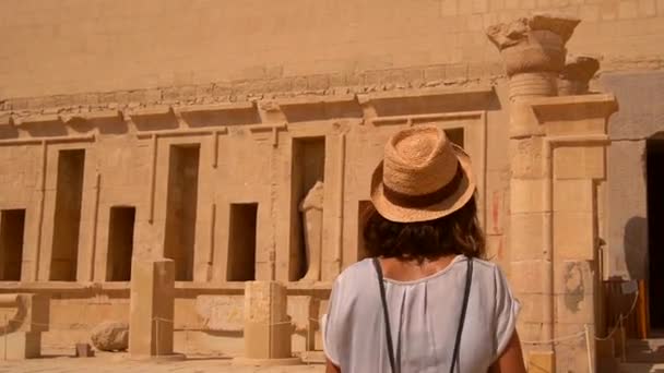 Una Joven Con Una Máscara Facial Visitando Templo Funerario Hatshepsut — Vídeo de stock