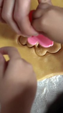 Genç kardeşler pembe çiçek şeklinde kurabiye kesicileri yumuşak hamura bastırarak geleneksel Noel kurabiyelerini mutfakta birlikte hazırlıyorlar.