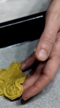 Mevsimlik kadın elleri, geleneksel noel kurabiyelerini dikkatlice konforlu mutfaktaki yemek tepsisine yerleştirerek, ev yapımı tatlı hazırlığını ön plana çıkarıyor.