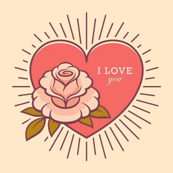 Rózsa Virág Illusztráció Retro Stílusban Szeretlek Üdvözlőlap Tervezés — Stock Vector