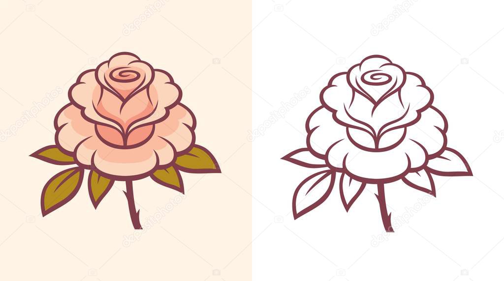 Beautiful linear rose flower illustration. Monochrome and colorful vector art for tattoo or logo.