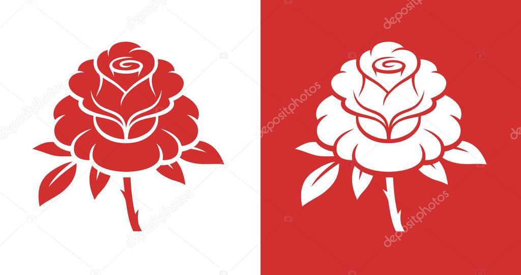 Monochrome rose flower illustration isolated on red and white backgrounds.