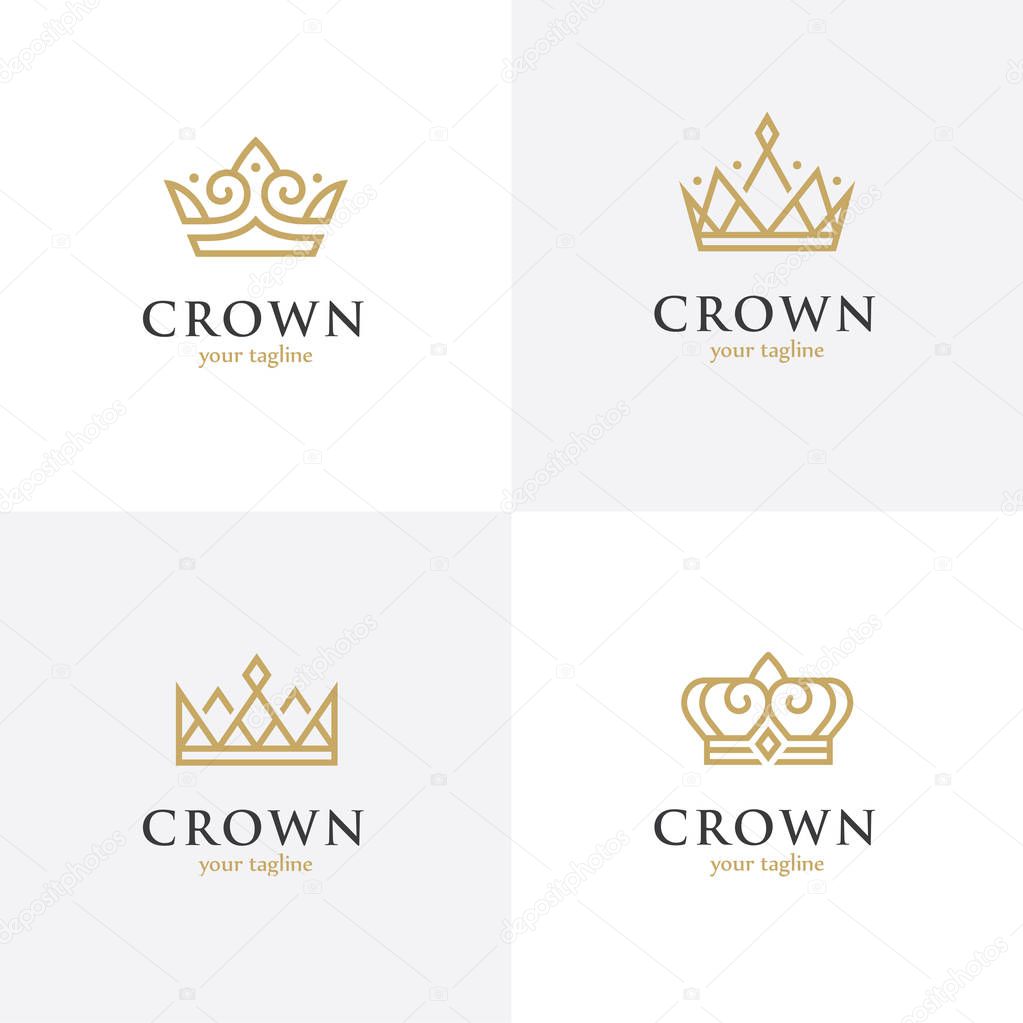 Set of four linear crown icons. Royal, luxury symbol. King, queen abstract geometric logo.