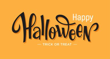 Mutlu Cadılar Bayramı el yazı başlık sayfası, davet veya tebrik kartı tasarımı için çekilmiş. Metin illüstrasyon turuncu zemin üzerine.