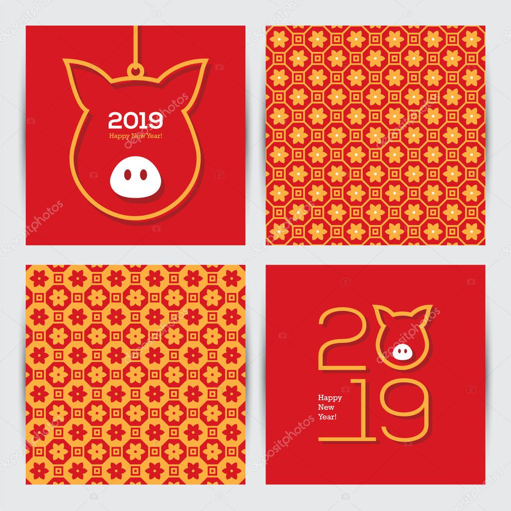Chinese 2019 New Year greeting cards with abstract pig head symbol and seamless traditional oriental pattern.