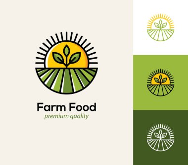 Çiftlik alanı, bitki ve güneş içeren tarım vektör logosu. Doğal ve organik tarım ikonu, sembol.