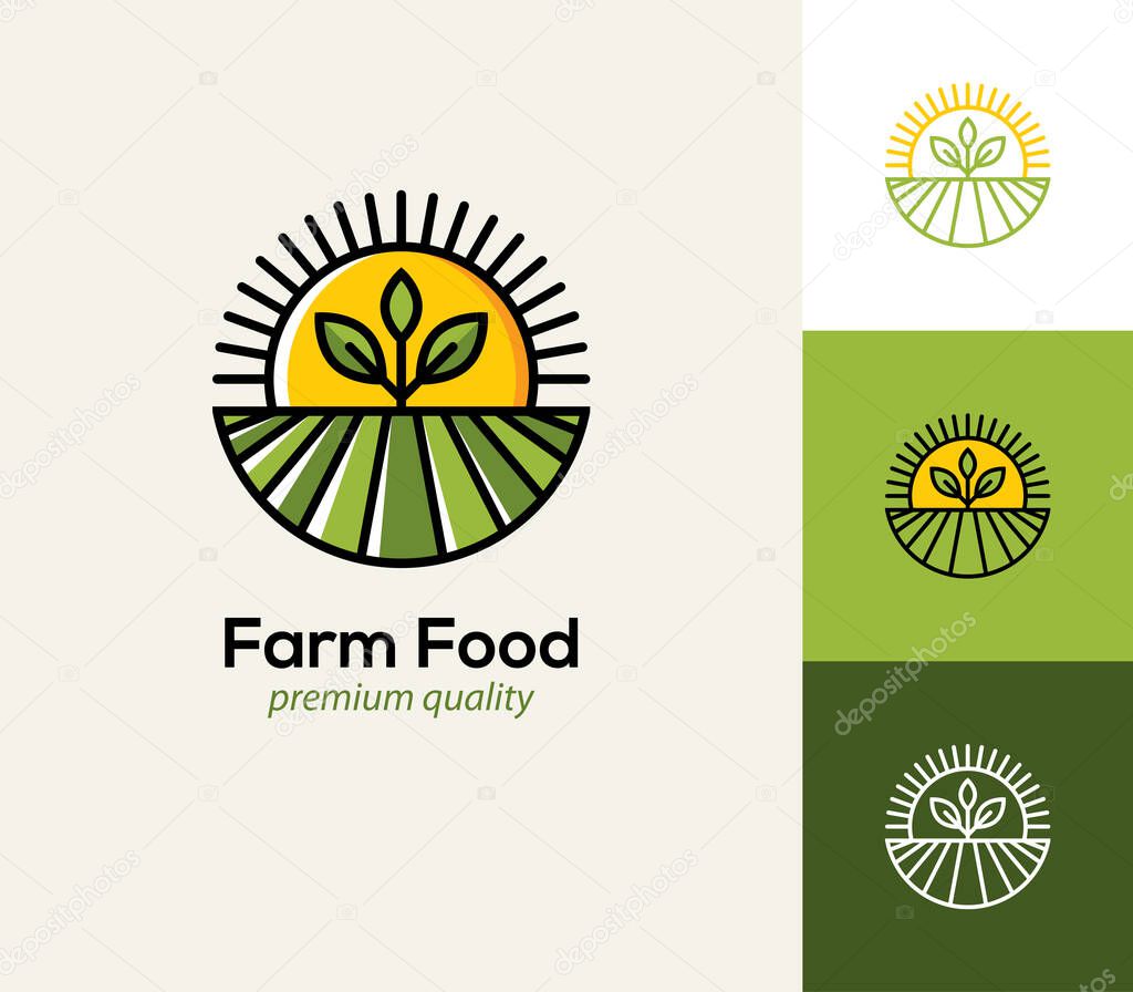 Agriculture vector logo with farm field, plant and sun. Natural and organic farming icon, symbol.