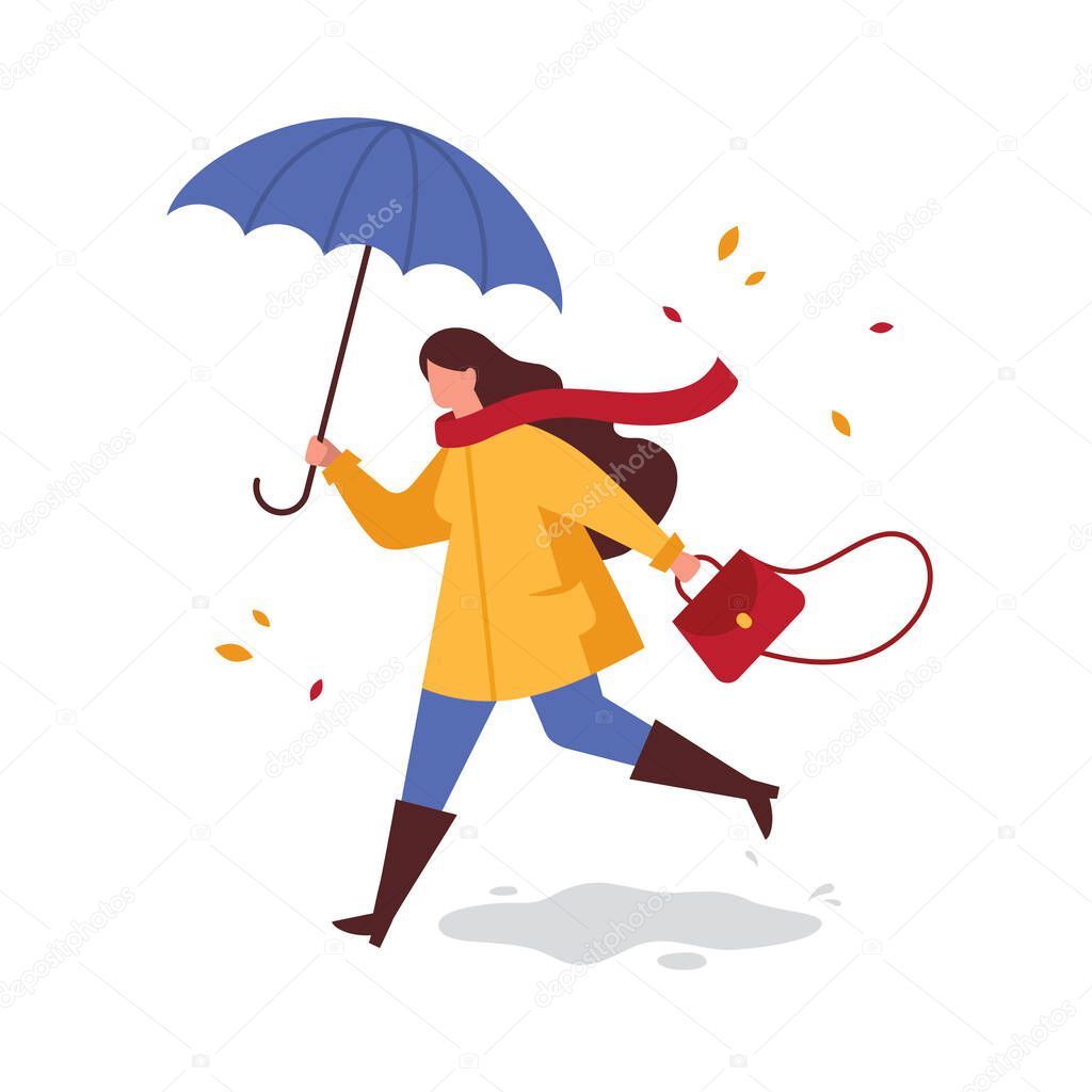 Girl with umbrella in a yellow raincoat running from the rain. Autumn outdoor walk in rainy weather. Vector flat illustration.