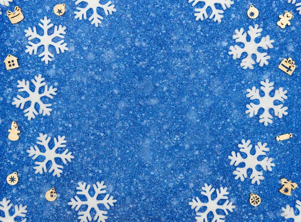 Natal Inverno Fundo Azul Com Flocos Neve Brancos Decorações Madeira — Fotografia de Stock