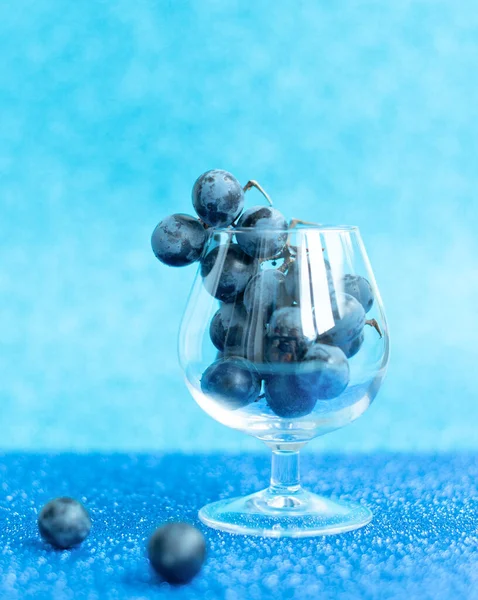 Bunch Black Grapes Glass Blue Blurred Background Selective Focus Wine — Stock Photo, Image