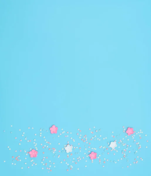 Pink White Flowers Made Foamiran Star Shaped Confetti Blue Background — Stock Photo, Image