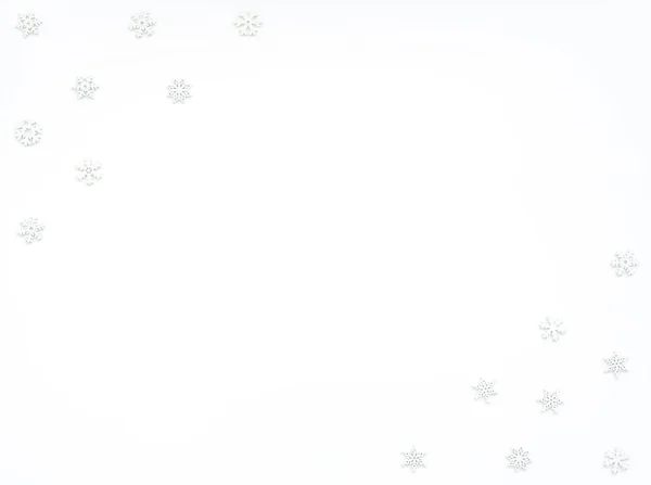 Natale Inverno Sfondo Bianco Con Piccoli Fiocchi Neve Legno Bianco — Foto Stock
