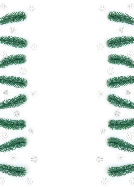 圣诞节 新年或冬季的白色背景 有冷杉树枝 小小的白色雪花 圣诞佳节与新年佳节的理念 新年贺卡 平面布局 顶视图 复制空间 — 图库照片