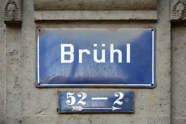 Street sign of the shopping street Bruehl in the city center of Leipzig - Germany.