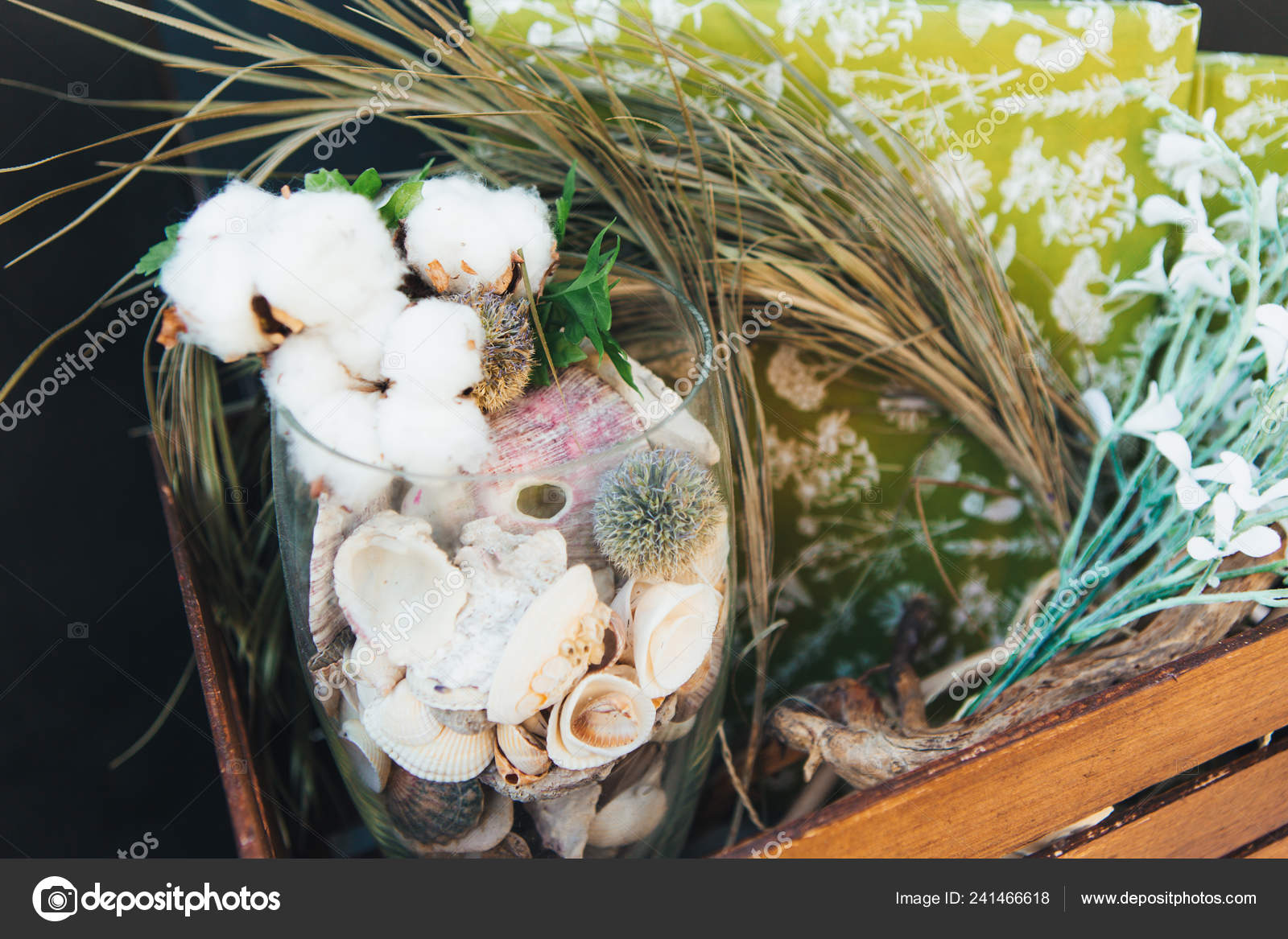 Glass Vase Flowers Made Cotton Seashells Decoration Holiday