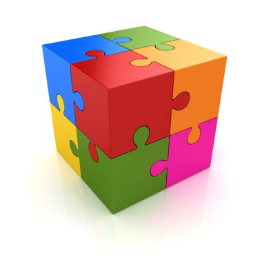 Renkli bulmaca küp, bu bilgisayar oluşturulan resmi bir 3d işlenir. Beyaz izole.
