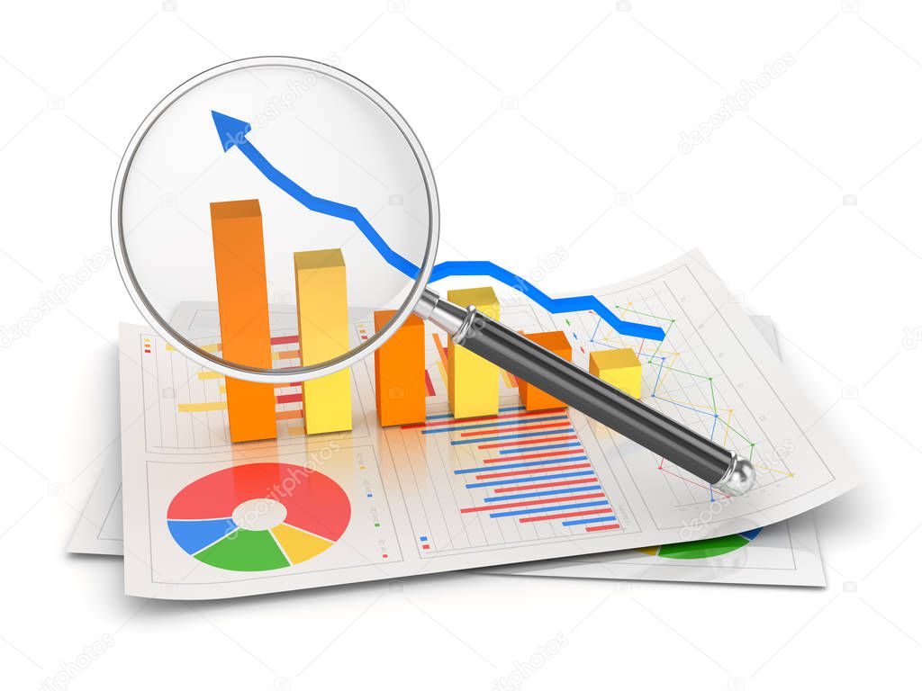 Business Finance Concept with Magnify Glass , This is a 3d rendered computer generated image. Isolated on white.