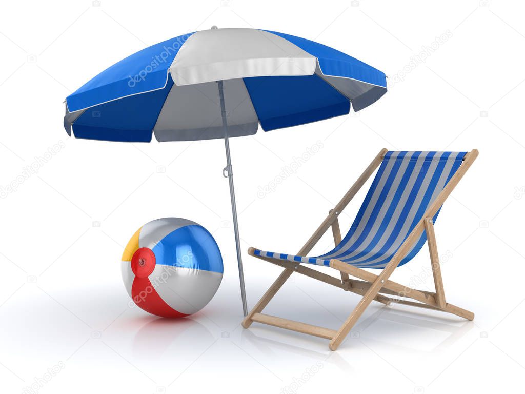 Beach Ball , Chair and Umbrella , This is a 3d rendered computer generated image. Isolated on white.