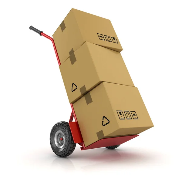 Hand Truck Cardboard Package Esta Uma Imagem Gerada Por Computador — Fotografia de Stock