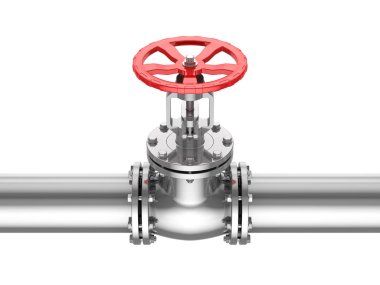 Endüstriyel boru ve Vana, bu bilgisayar oluşturulan resmi bir 3d işlenir. Beyaz izole.