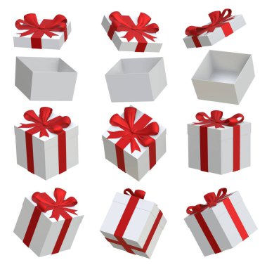 Hediye Kutusu Seti, bu 3 boyutlu oluşturulmuş bir bilgisayar görüntüsü. Beyazda izole edilmiş.