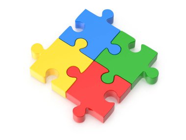 Dört parçalı yapboz bir birlik bağlantısı ve problem çözme sembolü