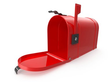 Beyaz arka planda açık kapısı olan parlak kırmızı posta kutusu