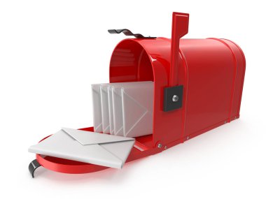 Mektuplarla dolu kırmızı posta kutusu ve izole edilmiş beyaz zarflarla açık posta kutusu.