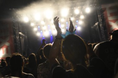 NOVI SAD, SERBIA - JULY 8, 2017: Girl with plastic vrown on her head applauding in crowed in front of Main Stage at Exit music festival on Petrovaradin fortress Novi Sad, Serbia on July 8, 2017 clipart