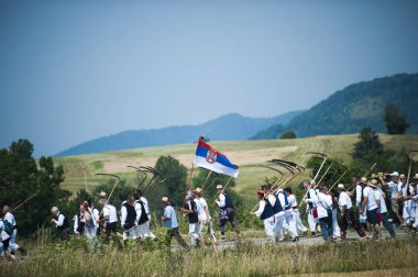 Rajac, Sırbistan-19 Temmuz 2015: rajac Dağı 'nda biçme, orta Sırbistan 'da geleneksel rekabet, Ljig şehri yakınında, geleneksel kıyafetlerde çiftçiler tırpan ile biçme sırasında rekabet