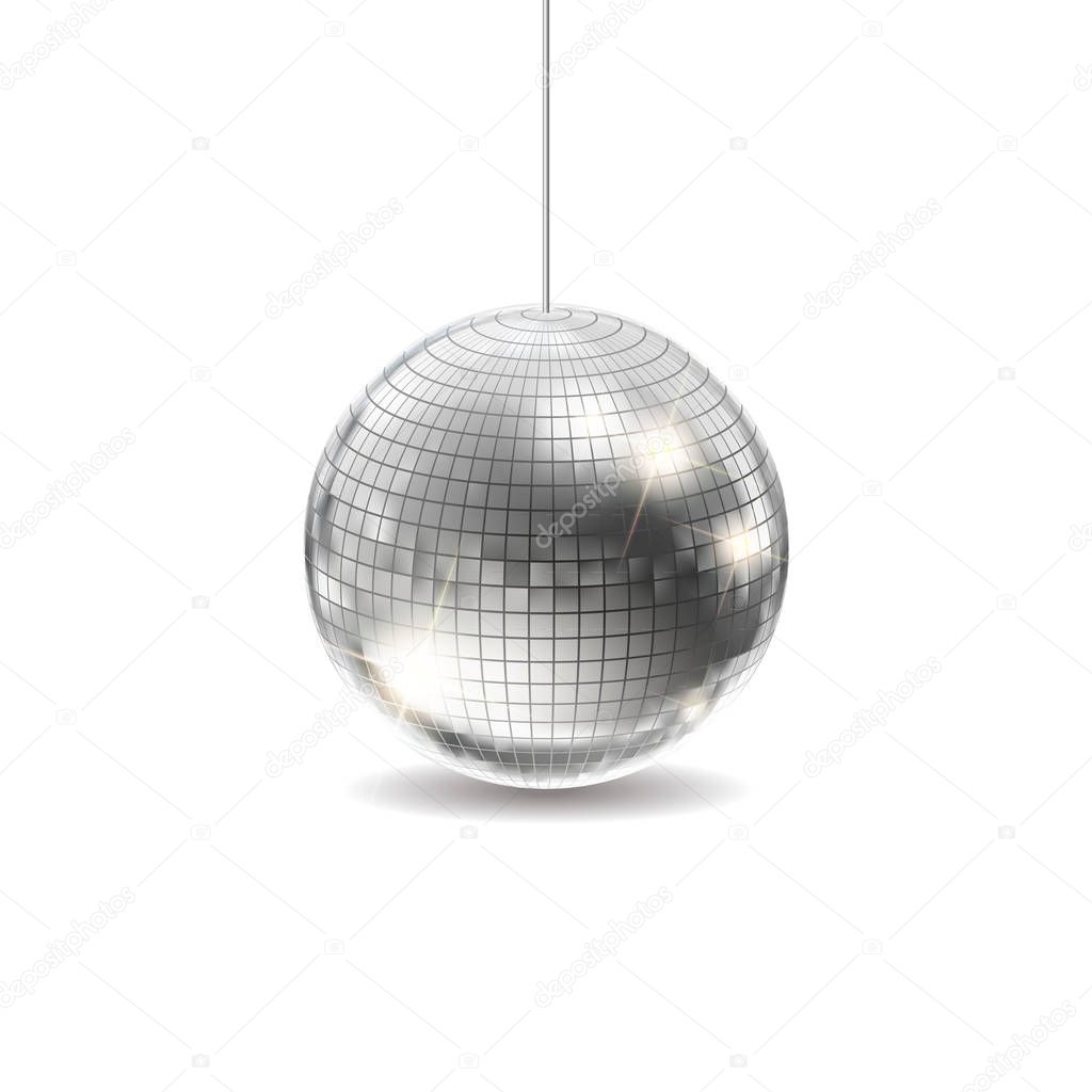 Silver Disco Ball Vector. Dance Night Club Retro Party Classic Light Element. Silver Mirror Ball. Disco Design. Isolated On White Background Illustration
