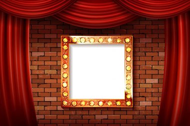 3D render seçim çerçevesi ışığı kare kartı tuğla duvar kağıt üzerinde oturum açın. Vektör çizim. Üzerinde kırmızı perde