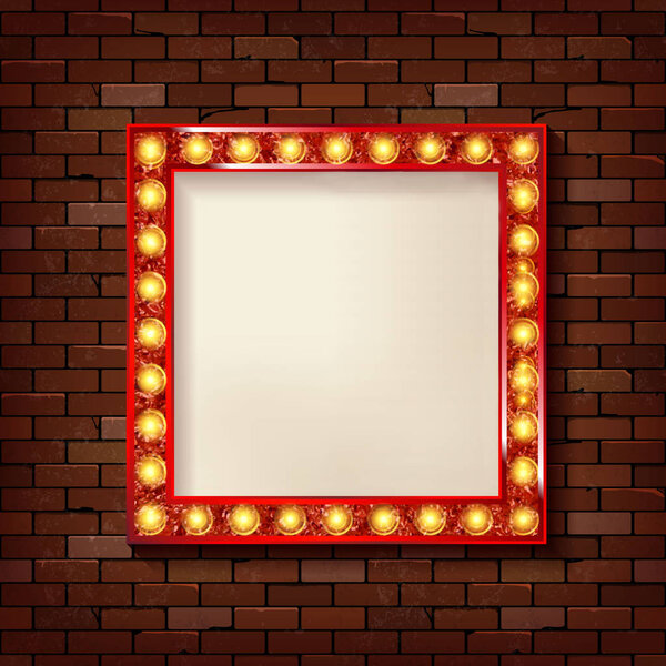 3D render Marquee light square board sign on brick wall backgroud. Vector illustration