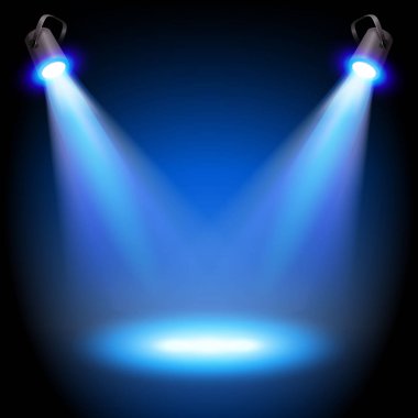İki reflektörler Far kiriş mavi arka plan - üzerine yerleştirin, metin veya nesne için. İllüstrasyon.