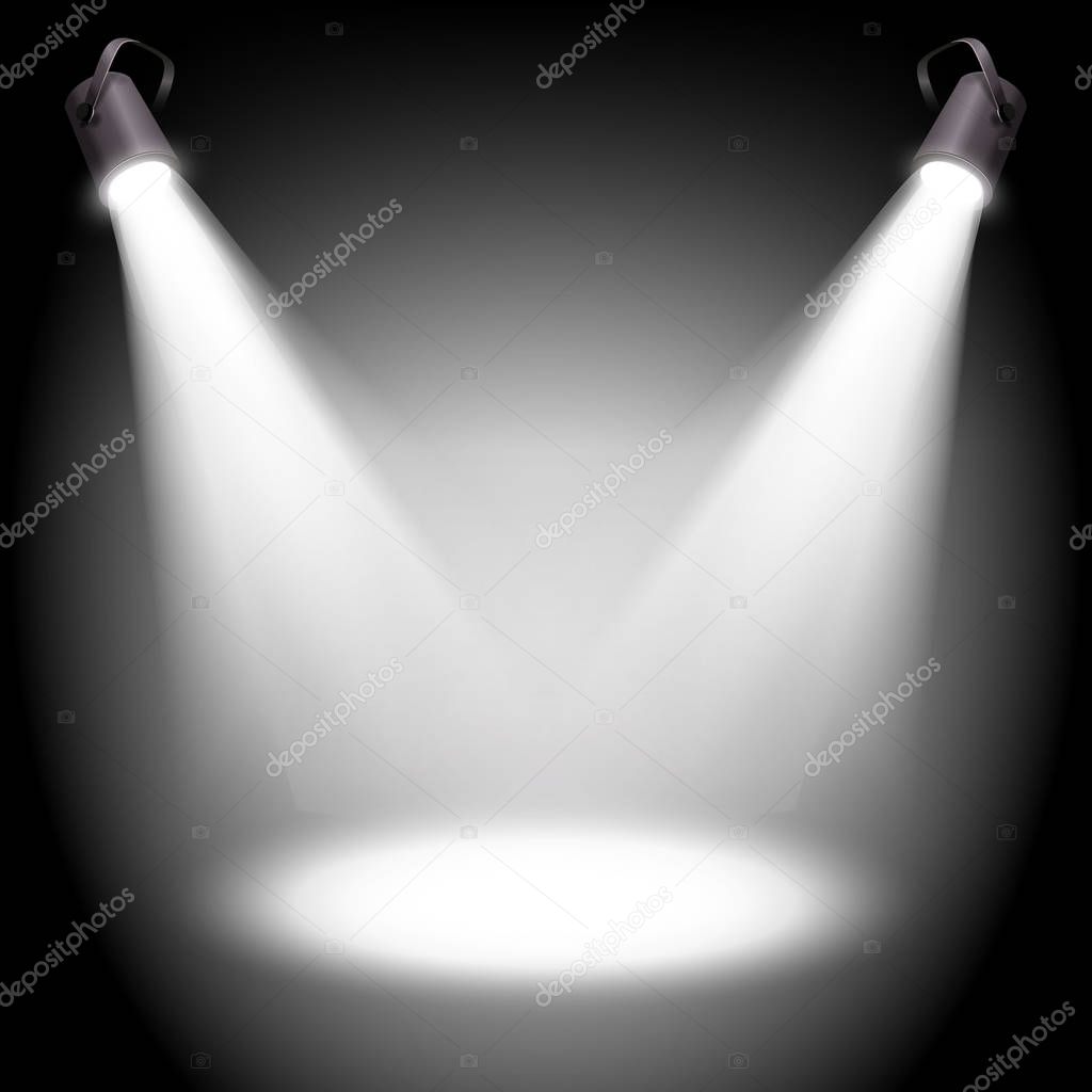 Two reflectors with headlight beams on white background - place for your text or object. Illustration.